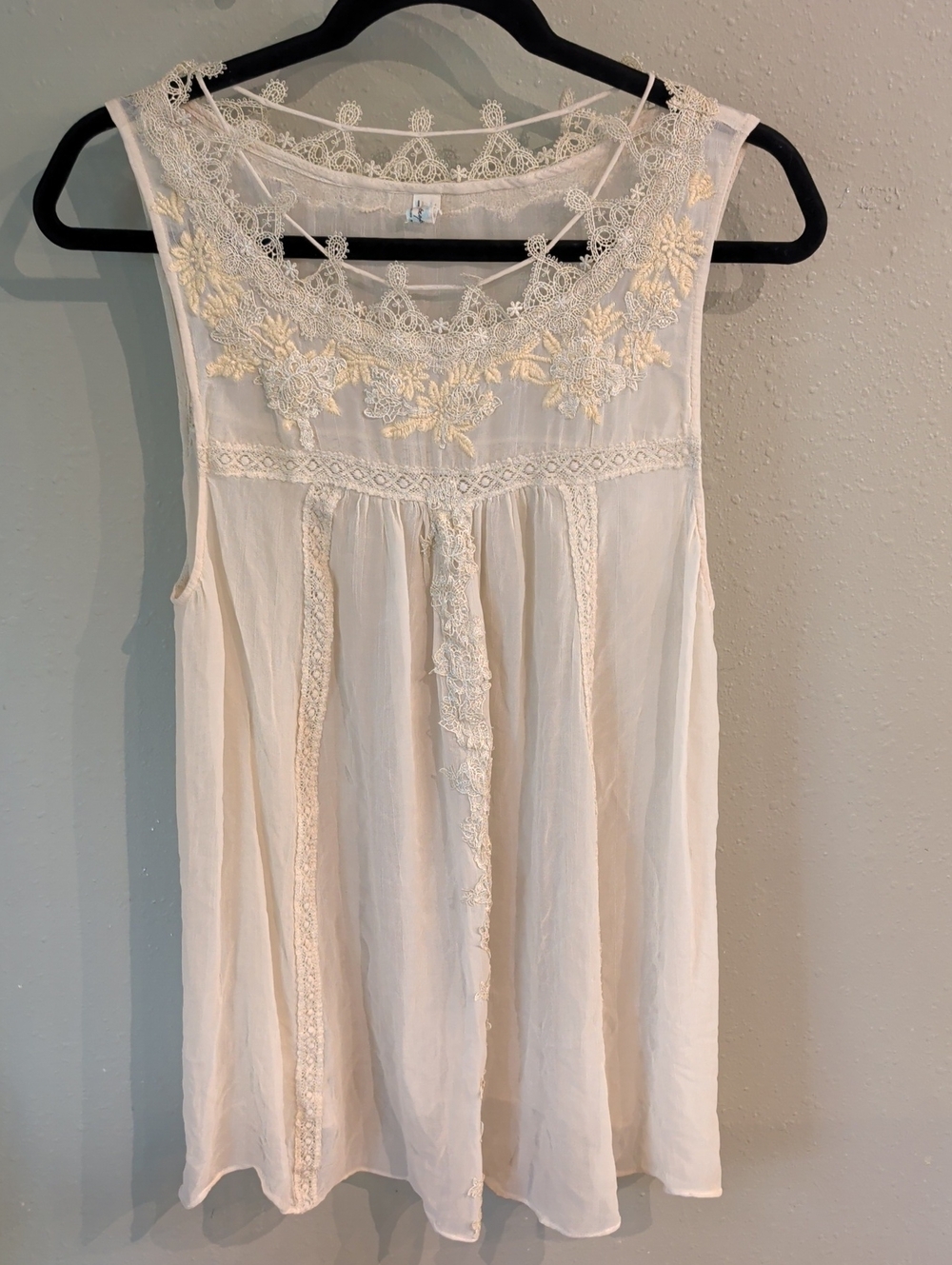 Romantic Whimsical Free People Boho Sheer Fairycore Cream Lace Tunic Mini Dress